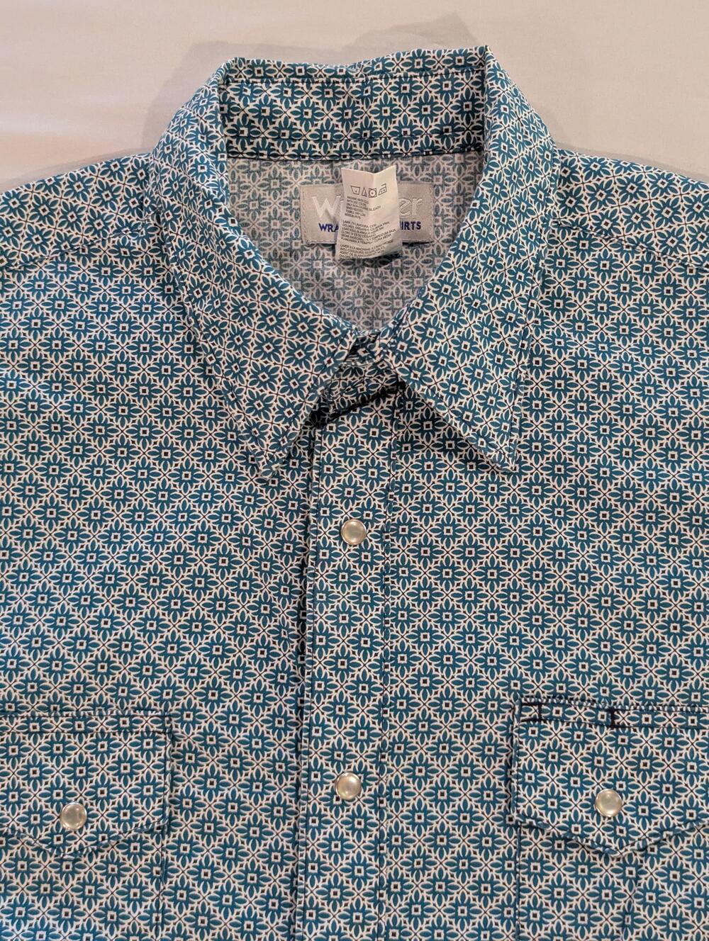 Wrangler Shirt Mens L Blue Geometric Long Sleeve Western Pearl Snap Pockets
